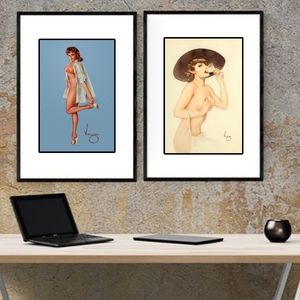 Framed Set of 2 Vintage Prints Vargas Pinup Girl Nude Playboy Art Sexy Wall Art